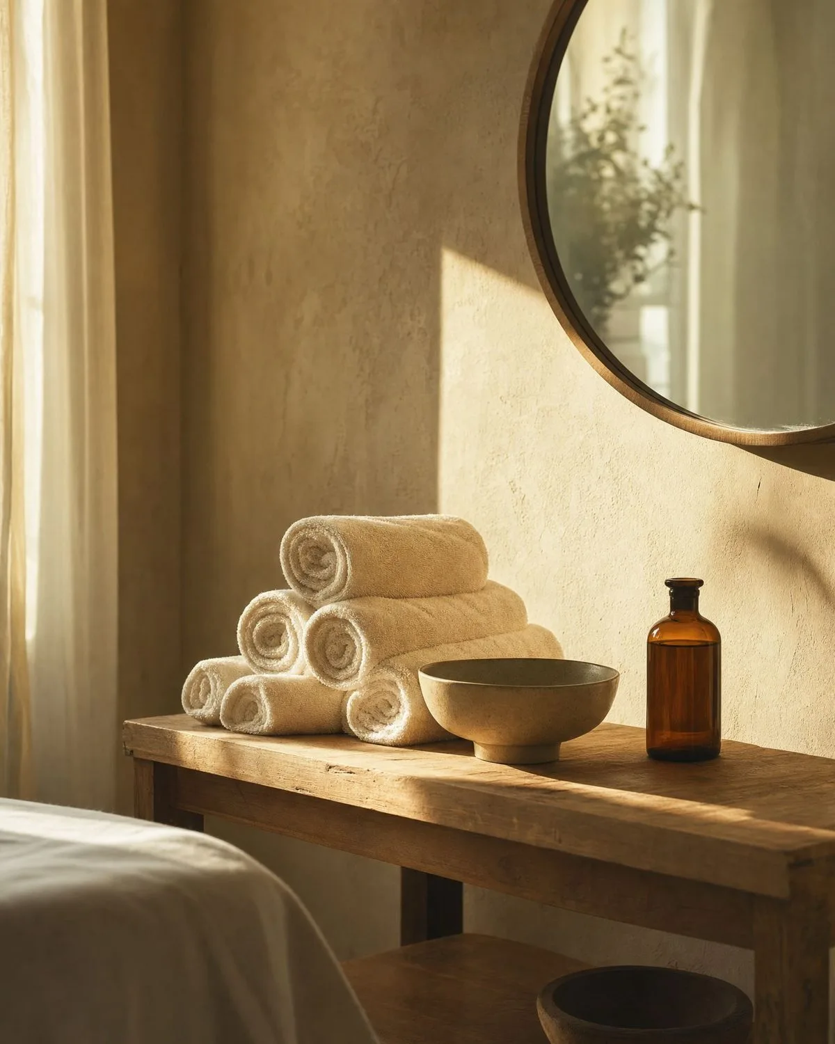 Sunlit corner of the treatment room with rolled towels and a round mirror